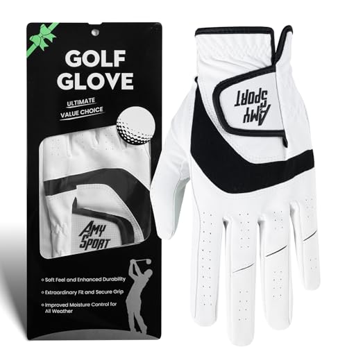 Golf Gloves Men Right Handed Golfer Left Hand Leather 1 Pack, Mens Golf Glove Breathable Weathersof Grip Soft Comfortable, Fit Size Small Medium ML Large XL (White, M/Large, Worn on Left Hand)
