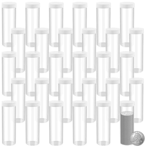 AIHSUMC 30 Pcs Quarter Tubes for Coins Clear Plastic Coin Tubes Quarter Coin Storage Tube Holders with Screw on Lid Quarter Storage Holders for Coins Collection Supplies