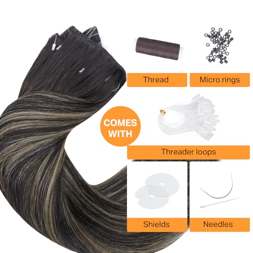 Image of DOORES Invisible Micro Beaded Weft Extensions Human Hair, 20 Inch Balayage Natural Black to Light Blonde 100g Beaded Weft Extensions,Remy Hair For Women Soft Silky Hair
