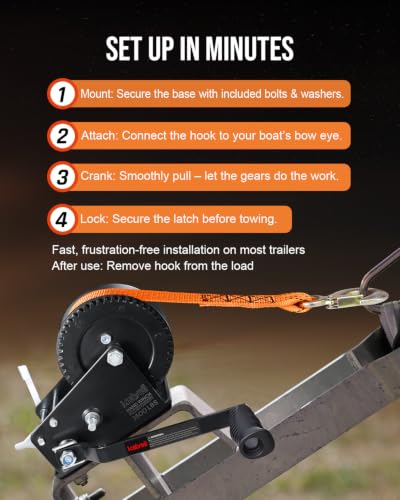 Image of Kolvoii 3500 lb Boat Trailer Winch, 33 ft Strap, 2-Speed 4:1 /8:1, Orange | Polyester Strap; Two-Way Ratchet; 8 mm High-Carbon Steel Gears; Galvanized Finish; Boat Trailer and Marine Loading