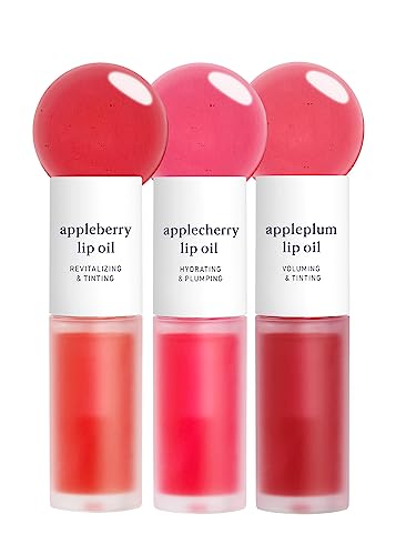 Image of NOONI Vegan Appleseed Lip Oil Set - Appleberry & Applecherry & Appleplum | Long-Lasting, Moisturizing, Plumping, Revitalizing for Dry Lips, Waterproof, No Peel Off, 0.12 FL Oz x 3ea