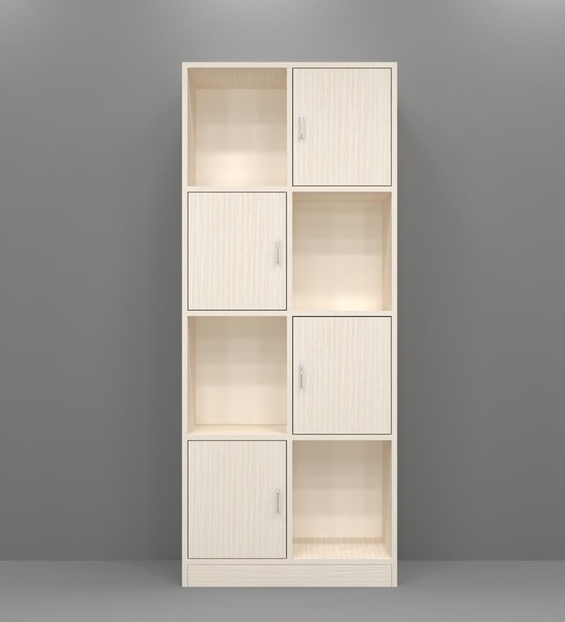 Image of SPECIALITY PANELS 8 Door Bookshelf with 4 Shutters and 4 Open Compartments, Light Wood Finish, 69x29x14 Inch Storage Unit