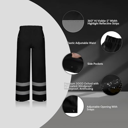 Image of TCCFCCT Hi Vis Jacket and Pants Rain Suit - Waterproof, High Vis Rain Coat with Hood, Safety Work Class 3 Reflective - L-XL Black WP