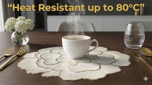 Image of Dining Table Mat and Runner Set for Home Kitchen Reusable Placemat Combo Set for Everyday Dining Use and Table Setup (peral Rose + Modern ractangle Runner, Pack of 9 (8+1))