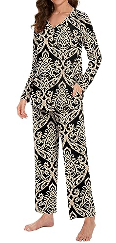 Bestbee Women's Pajama Set, 2 Piece Lounge Outfits V Neck Sleepwear Fall Long Sleeve Long Pants With Pockets Ladies Pjs2