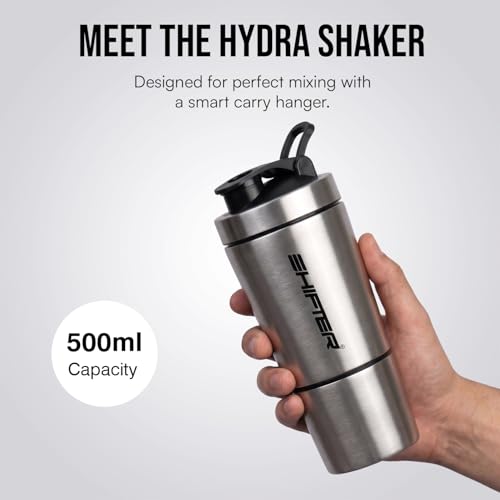 Image of Shifter Stainless Steel Gym Shaker Bottle 500ml | Protein Shaker with Mixer Ball | Leakproof Metal Blender Bottle| Gym, Fitness, Workout, Sports Water Bottle for Men & Women (SILVER-2)