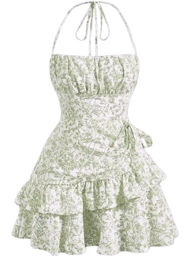 Image of Narecte Summer Dresses for Women,Tie Halter Mini Dress,Floral Print Short Dress,Ruffle Trim Casual Dresses
