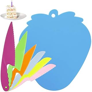 RosewineC Kids Kitchen Knife Set and Cutting Board, Children's Safe Cooking Set, 7 PCS Colorful Knives and 1 Strawberry Cutting Board,Serrated Edges Knife for Fruit and Vegetables