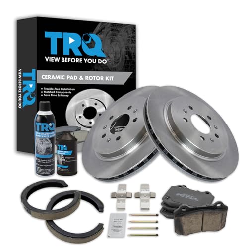 Image of TRQ Rear Brake Pad & Rotor Kit, with Chemical Kit Parking Brake Shoe Set Ceramic Compatible with 2005-2010 Cadillac STS