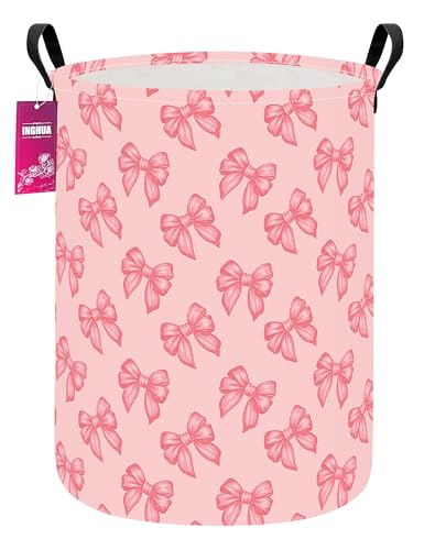 Image of Laundry Hamper Large Canvas Fabric Storage Basket Pink bowknots