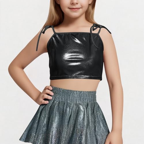 Girls Shiny Metallic Sequin Spaghetti Straps Tops Kids Lace Up Sleeveless Y2K Streetwear Crop T-Shirts Dancewear Tees4