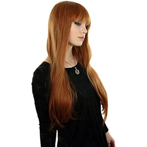 Prettyland Damen Langhaar-Perücke mit Pony Glatte Orange-Braun Wig C1109 Cover
