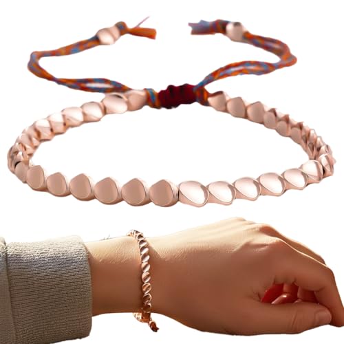 YIPFEN 1 pièce bracelet tibétain en cuivre, fait main, tressé, réglable, style perles trois côtés, perles en cuivre et fils (16-30 cm) (Or rose)