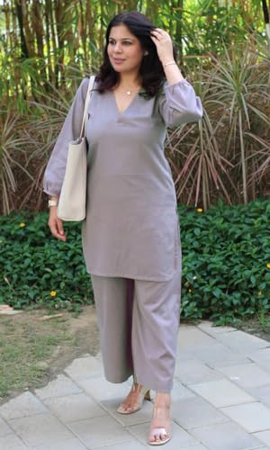 Image of Femezone Women Cotton slub Co-ord Kurta and Pant Set (FEM22230610-01-Vcord)
