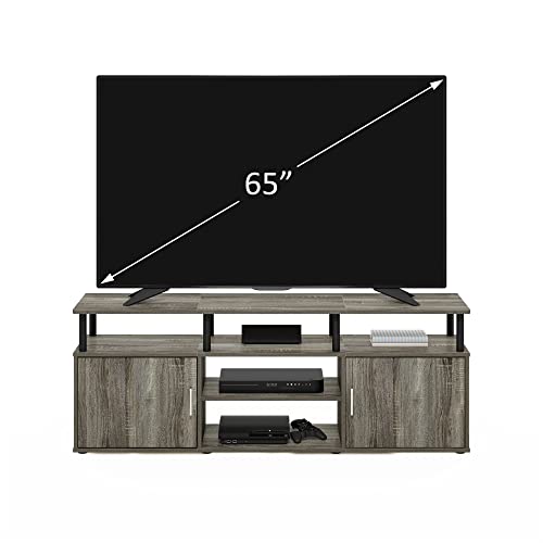 Image of Furinno Jensen Entertainment Center Stand for TV up to 70 Inch, Plastic Pole, French Oak Grey /Black /Black