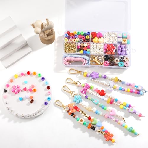 BESARME 372PCS Beaded Keychain Making Kit DIY Keychains Bag Charm Kit Colorful Beads Acrylic Heart Star Flower Alphabet A-Z Name Making Kit Gifts Chain Making Kit Jewelry Supplies