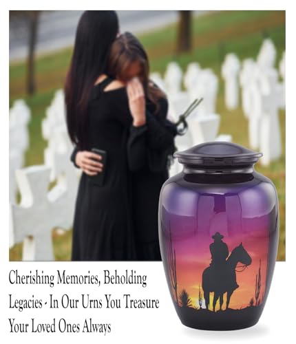 Image of Cowboy Cremation Urn for Human Ashes - Western Sunset Horse & Rider Urn - Beautiful Adult Funeral & Memorial Urn up to 210 lbs with Velvet Bag (Large)