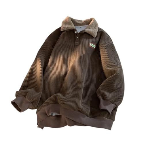 ITAMCO Oversized plus velvet padded corduroy button-down sweatshirt pullover warm contrasting polo hoodie(Brown,Medium)