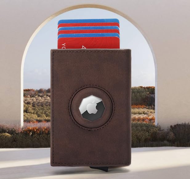 Vintage Mens Genuine Leather Wallet AirTag Holder RFID Blocking Minimalist Card Holder Light Brown (Coffee)2