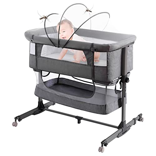 Image of nordmiex 3 in 1 Baby Crib Bedside Crib,Baby Bassinet,Adjustable Portable Bed for Infant,Deep Grey