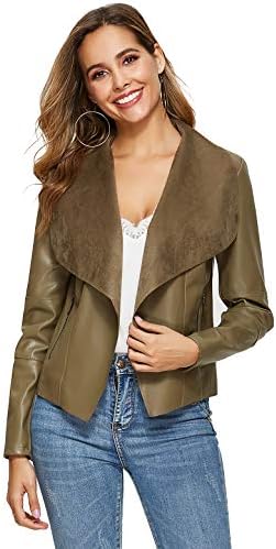 Escalier Women's Faux Leather Jackets Slim Open Front Lapel Blazer Jackets Army Green L