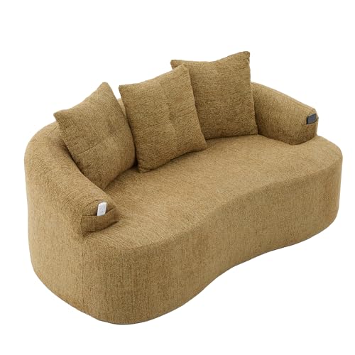 Sofá curvo de 2 plazas con estructura de chenilla nube de chenilla, acolchado de espuma y muelles ensacados, 3 cojines decorativos, bolsillos laterales, moderno para salón, estudio (amarillo)