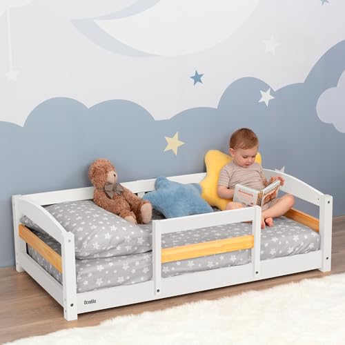 Image of Ocodile Toddler Bed with Rails | Low Montessori Floor Bed Frame for Kids | Standard Crib Size Wooden Frame for Independent Toddlers 1-3 - White