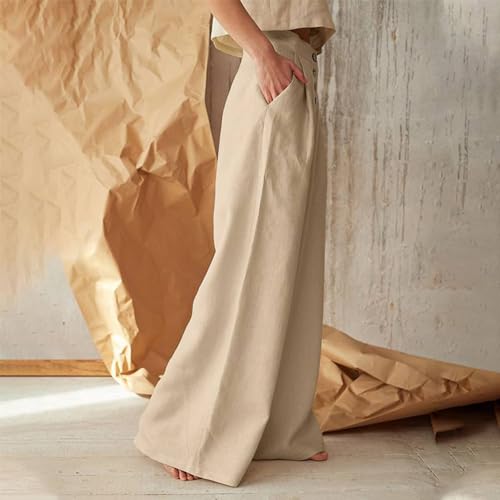 Women's Button Down Wide Leg Linen Pants Summer Loose Fit High Waist Lounge Palazzo Trousers with Pockets2