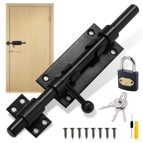 GZhaizhuan Abschließbare Türriegel Bolzenriegel, Edelstahl Schieberiegel Galvanisieren Schwarz, mit Schloss, Schrauben, Schraubendreher für Türen, Fenster, Zäune