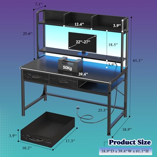 Image of DurayLoly 39.4 inch Computer Desk with Hutch & Monitor Stand,Gaming Desk with Shelves & Drawers, Writing Desk with LED &Power Outlet,Office Desk,Study Desk for Bedroom Home Office,Small Space,Black