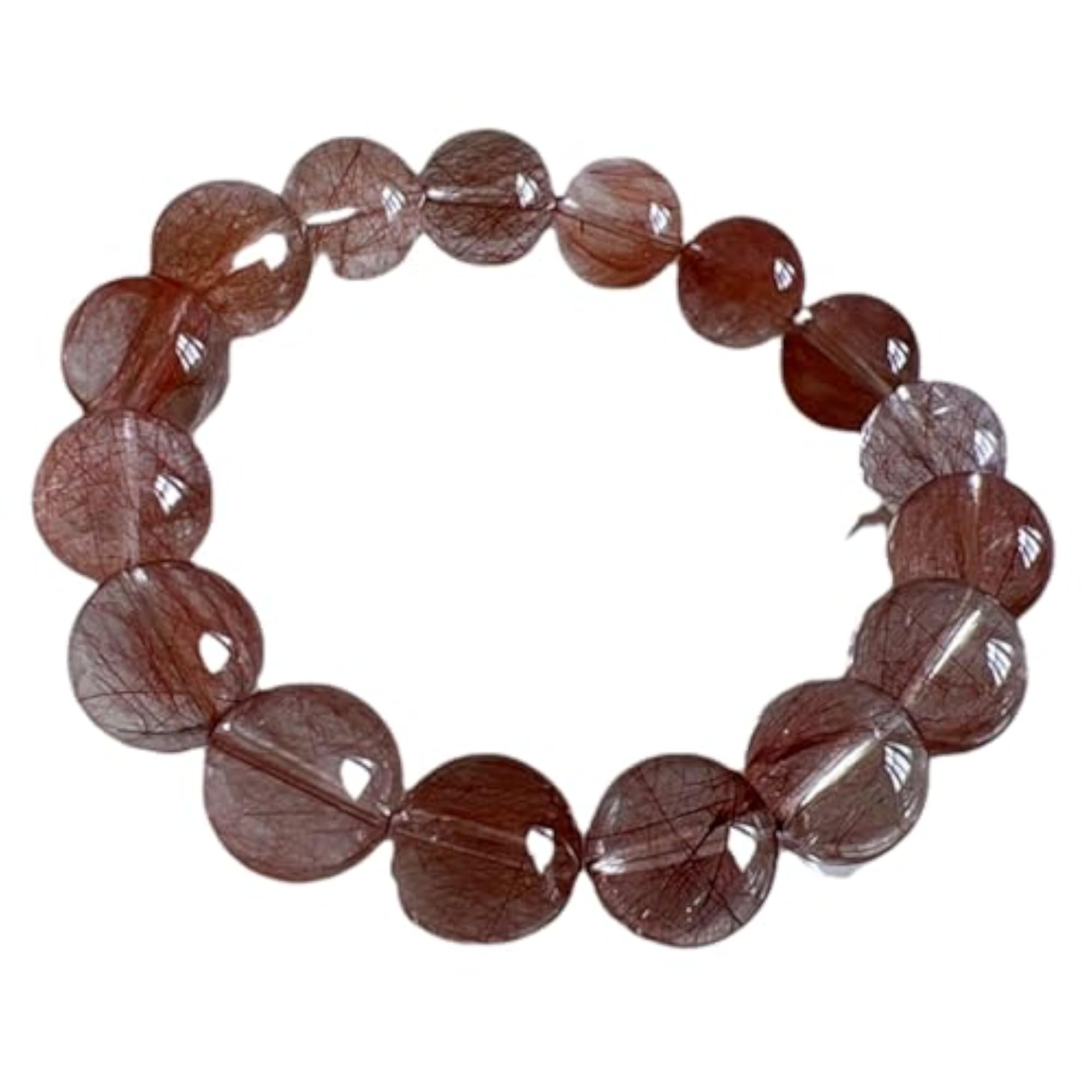 Unisex Natural Rutilated Quartz 14mm Round Bead Stretchable Bracelet