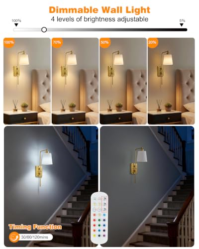 Powfloven Brass Battery Operated Wall Sconce Set of 2, Adjustable Height - image 5