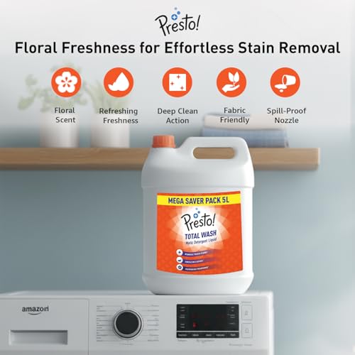 Image of Amazon Brand - Presto! Total Wash Matic Detergent Liquid | 5 Litre | Removes Tough Stains | Gentle On Clothes | Refreshing Fragrance | Liquid Detergent For Washing Machine And Hand Wash