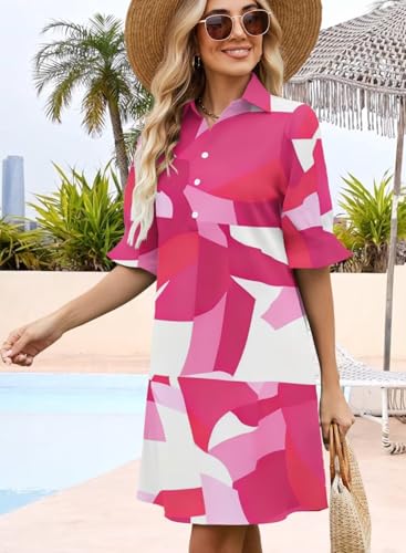Image of Womens Summer Shirt Mini Beach Dresses | Flowy Shift Dress, Button V Neck, Polo Collar, Ruffle Short Sleeve, Floral Boho Style, Casual Vacation Outfits with Pockets