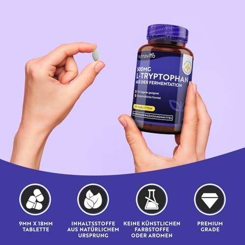 L-Tryptophan 500mg Hochdosiert - 270 Vegane Tabletten - Aus Pflanzlicher Fermentation - Premium Qualität L Tryptophan - Ohne Synthetische Bindemittel und Füllstoffe - Hergestellt von Nutravita