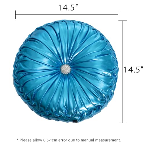 Image of HIG Set of 2 Blue Metallic Leather Decorative Round Pleated Throw Pillows