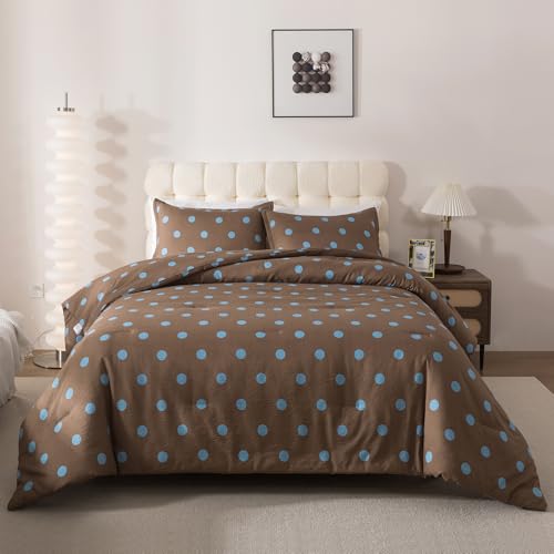 Caressma Brown Queen Comforter Set with Polka Dots 3 Pieces Bedding Set