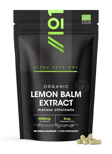 Organic Lemon Balm Extract 4800mg - 8mg Rosmarinic Acid from High Strength 6:1 Extract - 90 Vegan Capsules - Resealable and Recyclable Pouch by Alpha01