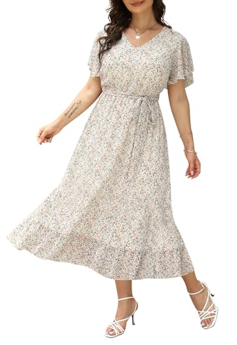 Image of Nemidor Plus Size Women Casual Maxi Dresses Print Bobo Belted Layered Chiffon Summer Long Dress with Ruffle Sleeve