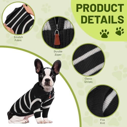 Image of Small Dog Sweater with Zipper, Knitted Striped Pullover Dog Clothes for Cold Weather, Thick Warm Cozy Stretchy Sweater for Chihuahua, Bulldog, Dachshund, Pug(Black & White Strip, S)