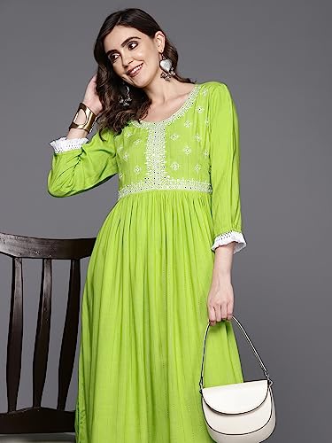 Image of INDO ERA Women's Midi A-Line Striped Viscose Rayon Ethnic Dress for Women