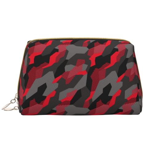 Bolsa de maquillaje de cuero, bolsa de maquillaje de camuflaje rojo, gris y negro, bolsa de aseo de viaje para mujeres, bolsa de maquillaje, organizador de bolsa de maquillaje de gran capacidad