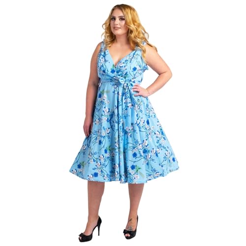 Miss Lavish London Frauen Plus Größe Kleider Retro Swing Blumen Rockabilly 40s und 50er Jahre Vintage Brautjungfer Kleid [SCHMETTERLING-BLAU-26]
