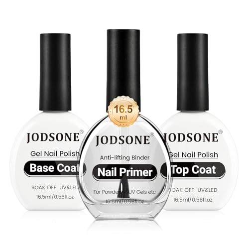 JODSONE 3 piezas 16,5 ml Set de Top Coat y Base Coat con Primer para Uñas No Wipe Top Coat La base necesita una lámpara UV para endurecer el primer de uñas.