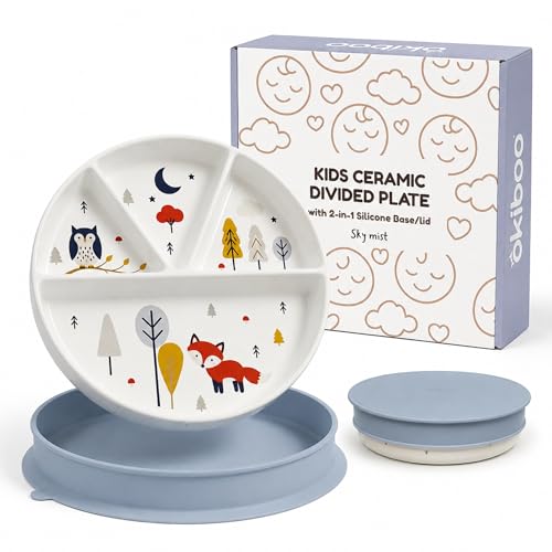 OKiBoo 8 Divided Ceramic Toddler Plate Silicone Lid & Non-Slip Base Sky Mist
