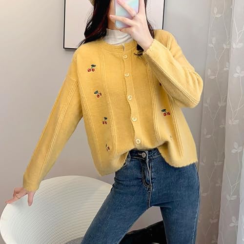 Xunger Women's Cherry Embroidery Knit Cardigan Soft Lightweight Long Sleeve Sweater Coat Cute Loose-Fit Round Neck Blouse2
