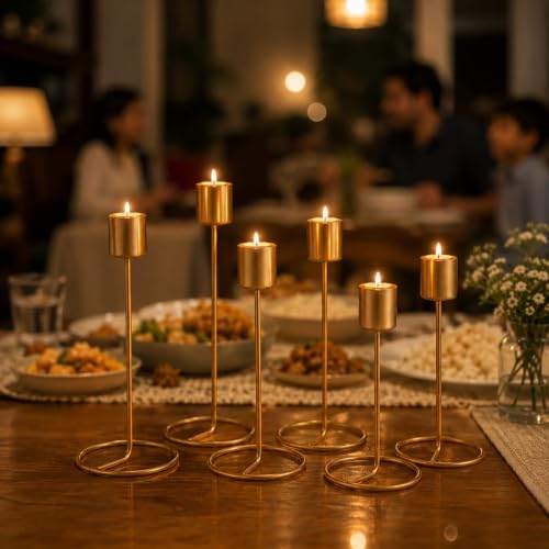 Image of (Set of 6) Gold Metal Taper Candle Holder - Decorative Modern T-Light Stand for Home Decor, Table Centerpiece, Wedding & Festival Decoration, Elegant Golden Stick Holders