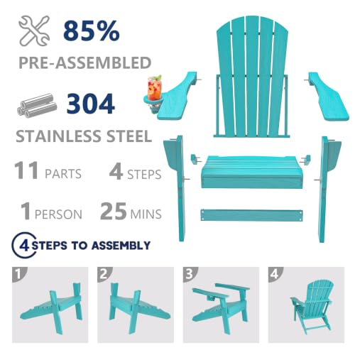 Image of Plawdlik Folding Adirondack Chair 9-piece Set, Cup Holder, Aruba Blue | pin-free folding, 38-in tall back, Wood-grain All-weather HDPE; for fire pit, poolside, deck, backyard, patio