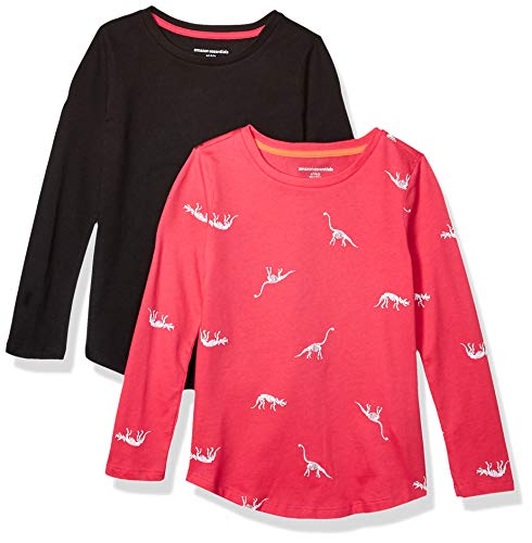 Amazon Essentials Girls' 2-Pack Long-Sleeve Tees Athletic-Shirts, Pink Dino Skeleton/Black, S