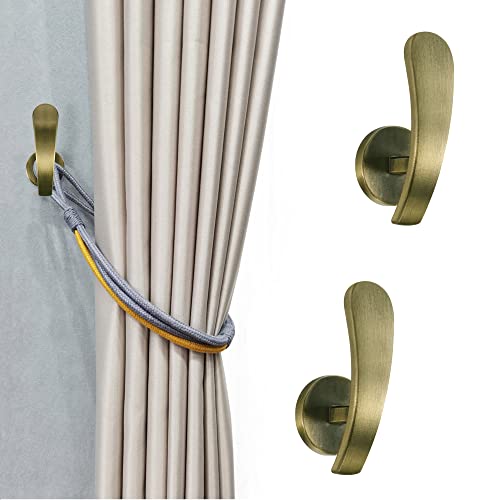 HEMOUR Curtain Holdback, 2pcs Wall Mounted Drapery Tiebacks with Screws, Decorative Drapery Metal Hook Wall Hanger, Brass